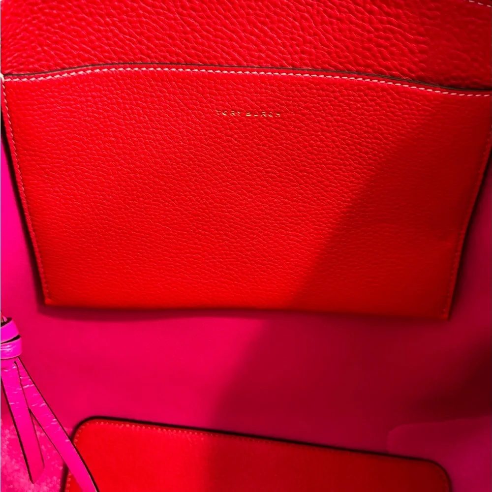 Tory Burch Large Brilliant Red/Crazy Pink Leather Pebbled Tote - Picture 3 of 12